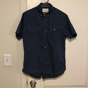 Denim and flower navy polka dot short sleeve button up shirt